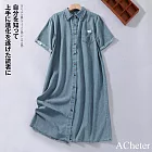 【ACheter】 休閒寬鬆天絲感牛仔連身裙小個子短袖復古襯衫中長洋裝# 122471 M 藍色
