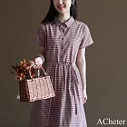 【ACheter】 森系復古文藝純棉格子襯衫裙系帶收腰長款連身裙短袖洋裝# 122472 M 紅色