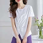 【MsMore】 不規則短袖T恤休閒純色圓領皺褶開岔短版上衣# 122474 M 白色