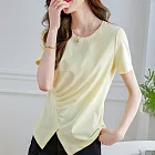 【MsMore】 不規則短袖T恤休閒純色圓領皺褶開岔短版上衣# 122474 M 黃色