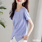 【MsMore】 不規則短袖T恤休閒純色圓領皺褶開岔短版上衣# 122474 M 紫色