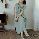 【初色】棉麻風打摺日系荷葉邊無袖連身洋裝連身裙-共2色-33669(M-2XL可選) M 藍綠色