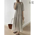 【衣途】設計感鏤空圓領連衣裙洋裝(KDDY-B102) M 杏灰色