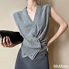 【MsMore】 灰色V領無袖針織背心開衫假兩件疊穿百搭短版修身上衣# 122655 FREE 灰色