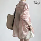 【初色】簡約風格豎條紋防曬透膚寬鬆翻領長袖襯衫上衣女上衣-粉色-34804(M-3XL可選) M 粉色