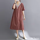 【ACheter】 文藝復古棉麻蕾絲V領棉麻感格子A版短袖長版洋裝# 122612 M 紅色