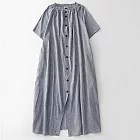 【ACheter】 褶皺領條紋立領日系文藝休閒短袖寬鬆中長洋裝# 122630 M 藍色