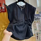 【ACheter】 設計感獨特別致腰部褶皺顯瘦麻無袖氣質短版上衣# 122640 M 黑色