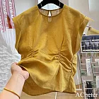 【ACheter】 設計感獨特別致腰部褶皺顯瘦麻無袖氣質短版上衣# 122640 M 黃色