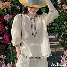 【ACheter】 波西米亞風精緻刺繡棉麻感七分袖短版上衣# 122642 M 白色