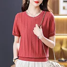 【MsMore】 短袖韓版寬鬆顯瘦圓領薄針織鏤空短款上衣# 122341 FREE 紅色