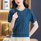 【MsMore】 短袖韓版寬鬆顯瘦圓領薄針織鏤空短款上衣# 122341 FREE 藍色