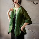 【初色】新中式盤扣素色緹花輕薄透膚長袖防曬罩衫外套女外套-共3色-35078(M-XL可選) M 綠色