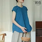 【初色】簡約純色寬鬆休閒圓領短袖T恤上衣女上衣-共3色-35128(M-2XL可選) M 藍色