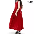 【初色】復古純色寬鬆休閒圓領無袖連衣裙連身洋裝長洋裝-紅色-35498(M-2XL可選) M 紅色