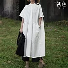【初色】日系寬鬆素色百搭輕薄長款圓領五分袖連衣裙連身洋裝長洋裝-共2色-35502(L-2XL可選) L 白色