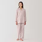 【MUJI 無印良品】女無側縫二重紗織家居睡衣 M 淺粉直紋