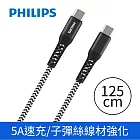 【Philips 飛利浦】100W Type C to Type C 125cm 防彈絲充電線 (DLC4557C)