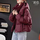 【初色】純色拼接拉鍊口袋高領長袖羽絨服外套女外套-共3色-38976(M-3XL可選) M 安可拉紅色