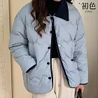 【初色】學院風短款撞色條絨單排釦口袋翻領長袖麵包服外套女外套-共4色-39189(M-2XL可選) M 淺藍色