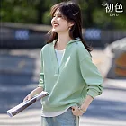 【初色】撞色拼接假兩件寬鬆連帽T恤長袖帽T衛衣上衣女上衣-綠色-11502(M-2XL可選) M 綠色