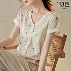 【初色】法式簡約波點輕薄V領單排釦短袖雪紡衫上衣女上衣-米色-11956(M-XL可選) M 米色