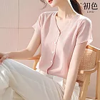 【初色】極簡時尚別緻遮肉純色正肩單排扣V領短袖襯衫上衣女上衣-粉紅色-11958(M-XL可選) M 粉紅色