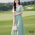 【初色】法式純色簡約拼接薄紗雪紡方圓領短袖收腰顯瘦中長裙連衣裙連身洋裝長裙-綠色-11940(M-2XL可選) M 綠色