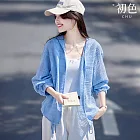 【初色】休閒輕薄寬鬆透氣鏤空純色單排釦無領長袖防風連帽遮陽外套女外套-藍色-12715(M-2XL可選) M 藍色