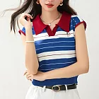 【MsMore】 撞色條紋針織polo衫翻領小飛袖短袖上衣# 125156 FREE 藍色