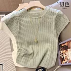 【初色】法式溫柔風輕薄寬鬆純色圓領短袖內搭打底針織衫上衣女上衣-共2色-11976(F可選) F 綠色