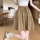 【初色】質感純色鬆緊腰綁帶高腰褲裙休閒褲寬褲短裙褲-共3色-13935(M-XL可選) M 褐色