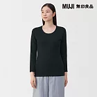 【MUJI 無印良品】女棉保暖厚織U領八分袖T恤 L 黑色