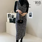 【初色】輕奢小香風粗花毛呢V領無袖修身顯瘦背心裙中長裙連衣裙連身洋裝長裙-黑色-16117(F可選) F 黑色