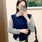 【初色】通勤風假兩件拼接翻領條紋釦子長袖襯衫上衣女上衣-共4色-16226(F可選) F 藏青色