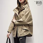 【初色】韓版率性短款寬鬆純色連帽長袖工裝風衣外套女外套-共2色-16376(M-2XL可選) M 卡其色