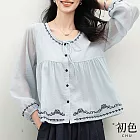 【初色】法式純色圓領繫帶單排釦刺繡娃娃衫開衫長袖上衣女上衣-藍色-16476(M-2XL可選) M 藍色