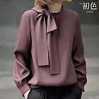 【初色】法式純色圓領綁帶蝴蝶結寬鬆長袖上衣女上衣-豆沙色-16480(M-2XL可選) M 豆沙色