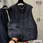 【初色】休閒風純色圓領無袖拉鍊雙口袋寬鬆馬甲背心女背心-黑色-16451(L可選) L 黑色