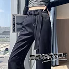 【MsMore】 深藍色竹節軟牛仔褲高腰直筒垂感微喇長褲# 126465 M 藍色