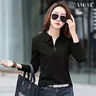【AMIEE】純色大碼長袖POLO(KDTQ-8804) M 黑色