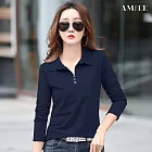 【AMIEE】純色大碼長袖POLO(KDTQ-8804) M 藏青