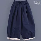 【初色】復古休閒純色寬鬆腳口拼接鬆緊腰九分褲闊腿褲寬褲長褲-藏青色-16707(M-2XL可選) M 藏青色
