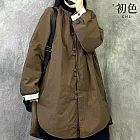 【初色】新中式拼色寬鬆中長款圓領長袖開衩襯衫上衣女上衣-共2色-16703(L-2XL可選) L 咖色