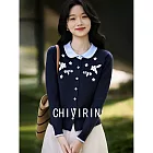 【MsMore】 娃娃領刺繡針織撞色法式假兩件針織上衣# 126894 FREE 藏青色