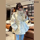 【AMIEE】法式復古立領中長版毛呢外套(KDCQ-9838) M 杏色