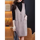 【MsMore】 中長款V領拉鍊造型背心寬鬆顯瘦連身毛衣# 127043 FREE 卡其色