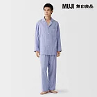 【MUJI 無印良品】男無側縫二重紗織長袖家居睡衣 M 藍直紋