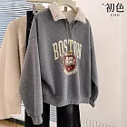 【初色】學院風加厚加絨保暖圖案字母印花半門襟翻領長袖T恤上衣女上衣-灰色-17397(M-XL可選) M 灰色