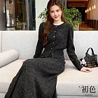 【初色】小香風木耳邊收腰針織上衣女上衣+鬆緊高腰半身裙長裙套裝-深灰色-17463(F可選) F 深灰色